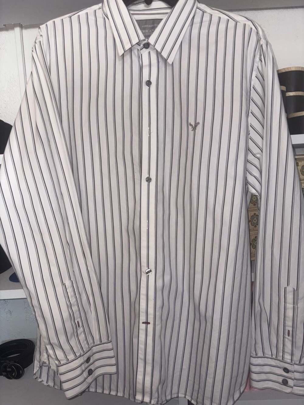 American Eagle Outfitters Men's Long Sleeve Shirt White Black Striped Size XL